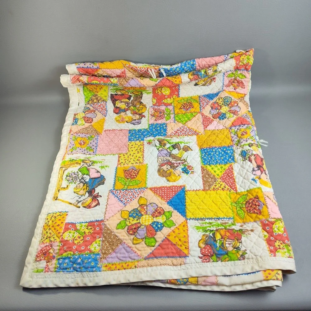 Vintage 1970s Hollie Hobbie Style Patchwork Quilt Blanket Handmade 52x44 Retro